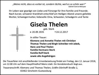 Traueranzeige von Gisela Thelen von Trauerportal Rhein Main Presse