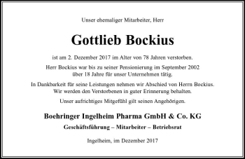Traueranzeige von Gottlieb Bockius von Trauerportal Rhein Main Presse