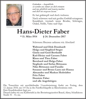 Traueranzeige von Hans-Dieter Faber von Trauerportal Rhein Main Presse