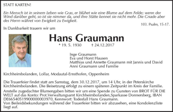 Traueranzeige von Hans Graumann von Trauerportal Rhein Main Presse