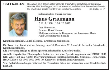 Traueranzeige von Hans Graumann von  Gießener Anzeiger