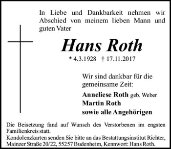 Traueranzeige von Hans Roth von Trauerportal Rhein Main Presse