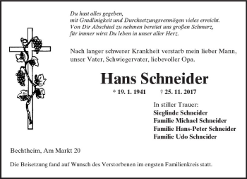 Traueranzeige von Hans Schneider von Trauerportal Rhein Main Presse