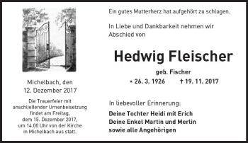 Traueranzeige von Hedwig Fleischer von  Kreisanzeiger