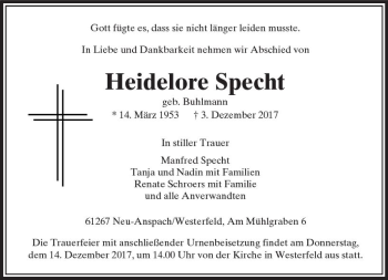 Traueranzeige von Heidelore Specht von  Usinger Anzeiger Traueranzeige von Heidelore Specht von  Usinger Anzeiger