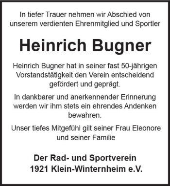 Traueranzeige von Heinrich Bugner von Trauerportal Rhein Main Presse