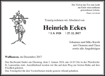 Traueranzeige von Heinrich Eckes von Trauerportal Rhein Main Presse