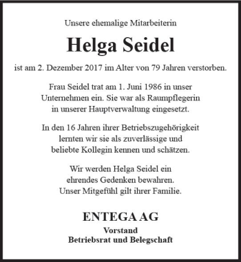Traueranzeige von Helga Seidel von Trauerportal Echo Online