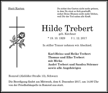 Traueranzeige von Hilde Trebert von VRM Trauer