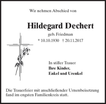 Traueranzeige von Hildegard Dechert von Trauerportal Echo Online