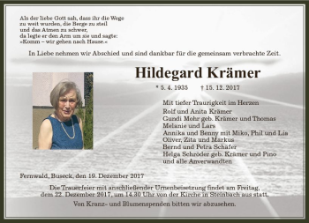 Traueranzeige von Hildegard Krämer von  Gießener Anzeiger