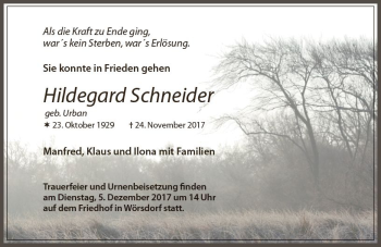 Traueranzeige von Hildegard Schneider von Trauerportal Rhein Main Presse