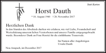Traueranzeige von Horst Dauth von  Usinger Anzeiger Traueranzeige von Horst Dauth von  Usinger Anzeiger