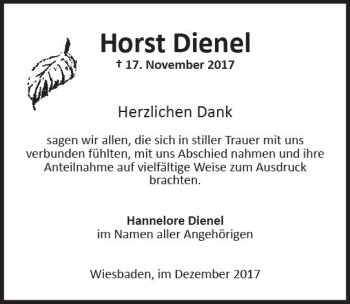 Traueranzeige von Horst Dienel von Trauerportal Rhein Main Presse