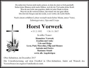 Traueranzeige von Horst Vorwerk von  Kreisanzeiger