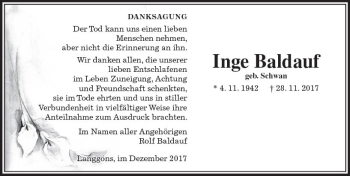 Traueranzeige von Inge Baldauf von  Gießener Anzeiger