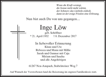Traueranzeige von Inge Löw von  Usinger Anzeiger Traueranzeige von Inge Löw von  Usinger Anzeiger