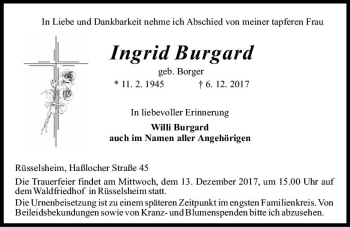 Traueranzeige von Ingrid Burgard von Trauerportal Rhein Main Presse