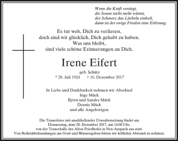 Traueranzeige von Irene Eifert von  Usinger Anzeiger Traueranzeige von Irene Eifert von  Usinger Anzeiger