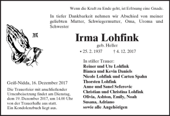 Traueranzeige von Irma Lohfink von  Kreisanzeiger