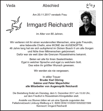 Traueranzeige von Irmgard Reichardt von Trauerportal Rhein Main Presse
