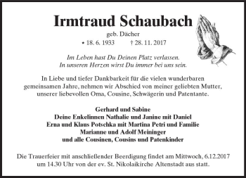 Traueranzeige von Irmtraud Schaubach von  Kreisanzeiger