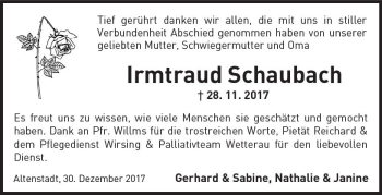 Traueranzeige von Irmtraud Schaubach von  Kreisanzeiger