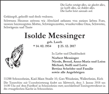 Traueranzeige von Isolde Messinger von Trauerportal Rhein Main Presse