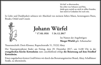 Traueranzeige von Johann Würfel von Trauerportal Rhein Main Presse