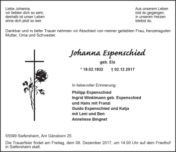 Traueranzeige von Johanna Espenschied von Trauerportal Rhein Main Presse