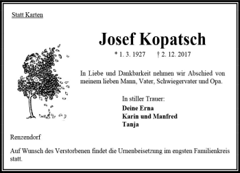 Traueranzeige von Josef Kopatsch von VRM Trauer