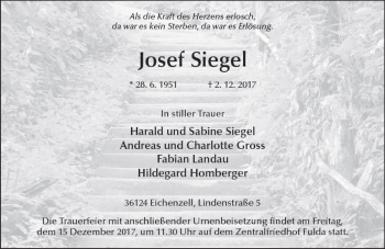 Traueranzeige von Josef Siegel von Trauerportal Echo Online