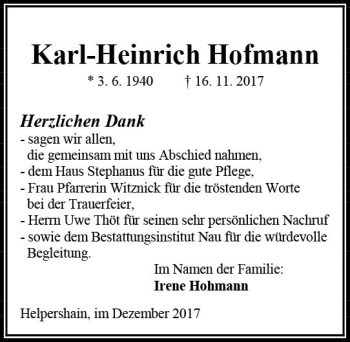 Traueranzeige von Karl-Heinrich Hofmann von VRM Trauer