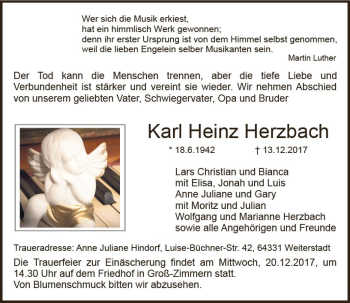 Traueranzeige von Karl Heinz Herzbach von Trauerportal Echo Online