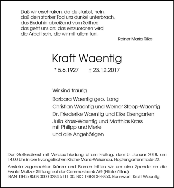 Traueranzeige von Kraft Waentig von Trauerportal Rhein Main Presse