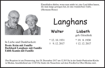 Traueranzeige von Lisbeth Langhans von Trauerportal Echo Online
