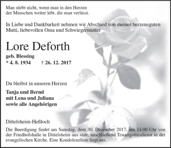 Traueranzeige von Lore Deforth von Trauerportal Rhein Main Presse