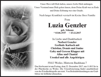 Traueranzeige von Luzia Genzler von Trauerportal Rhein Main Presse