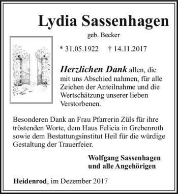 Traueranzeige von Lydia Sassenhagen von Trauerportal Rhein Main Presse
