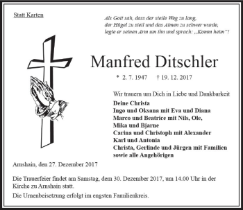 Traueranzeige von Manfred Ditschler von VRM Trauer
