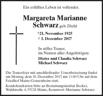 Traueranzeige von Margareta Marianne Schwarz von Trauerportal Rhein Main Presse