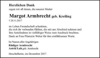 Traueranzeige von Margot Armbrecht von  Gießener Anzeiger