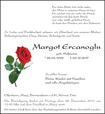 Traueranzeige von Margot Ercanoglu von Trauerportal Rhein Main Presse