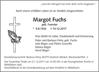 Traueranzeige von Margot Fuchs von Trauerportal Rhein Main Presse