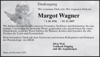 Traueranzeige von Margot Wagner von Trauerportal Rhein Main Presse
