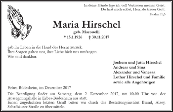 Traueranzeige von Maria Hirschel von Trauerportal Rhein Main Presse