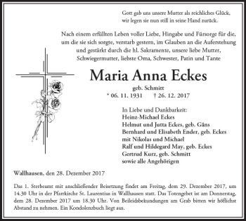 Traueranzeige von Maria Anna Eckes von Trauerportal Rhein Main Presse