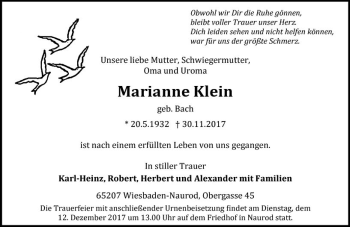 Traueranzeige von Marianne Klein von Trauerportal Rhein Main Presse
