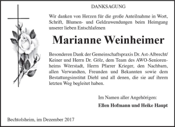 Traueranzeige von Marianne Weinheimer von Trauerportal Rhein Main Presse