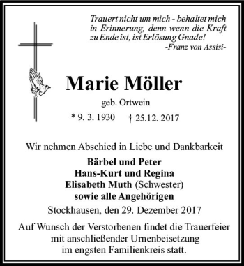 Traueranzeige von Marie Möller von VRM Trauer